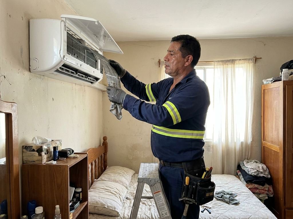Técnico limpiando los filtros de un aire acondicionado en un dormitorio