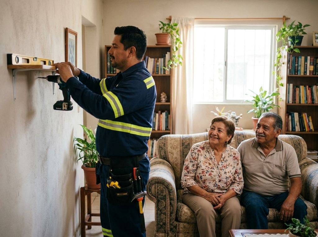 Técnico colgando un estante con taladro mientras una pareja mayor mira