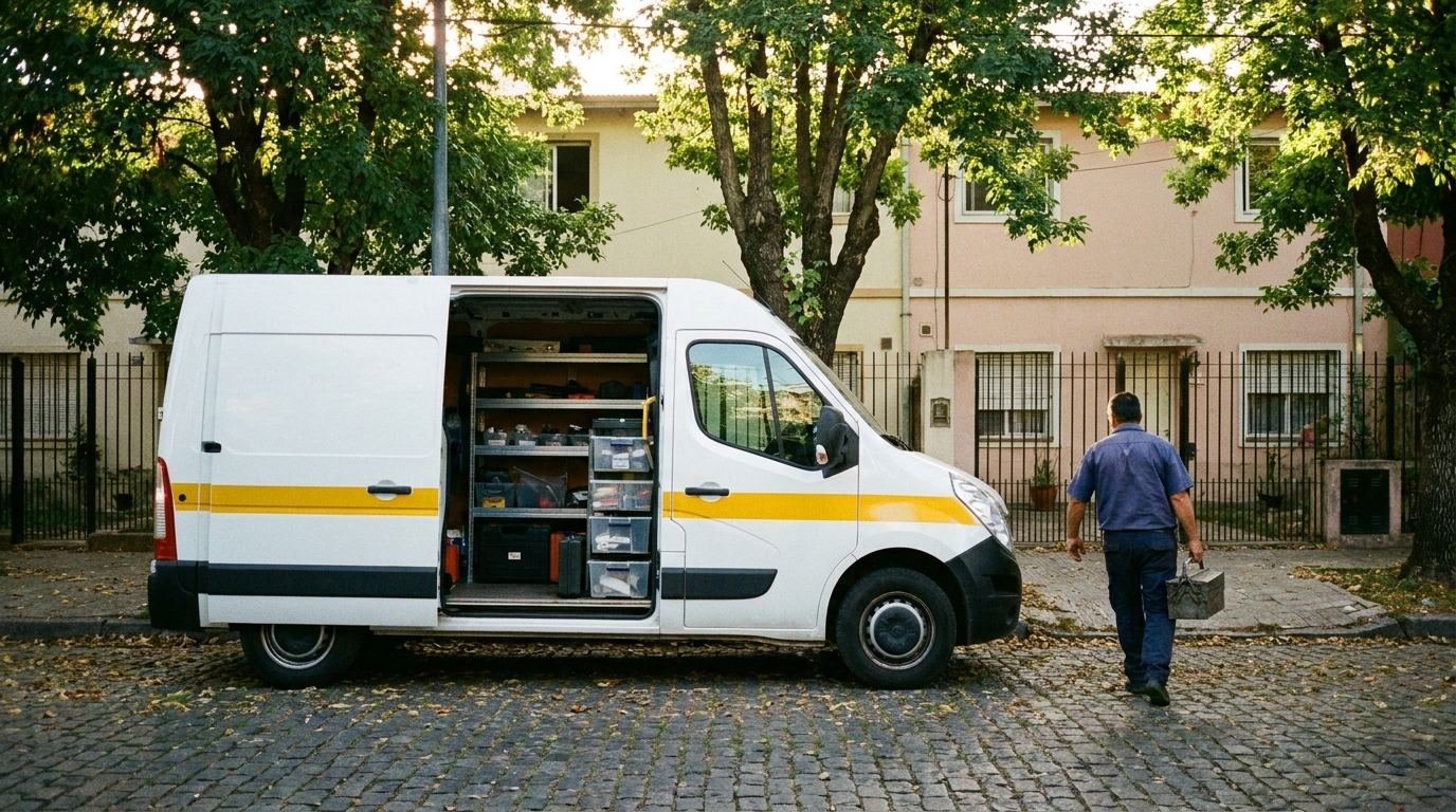 Camioneta de servicio estacionada frente a las casas, con la puerta abierta y las herramientas ordenadas