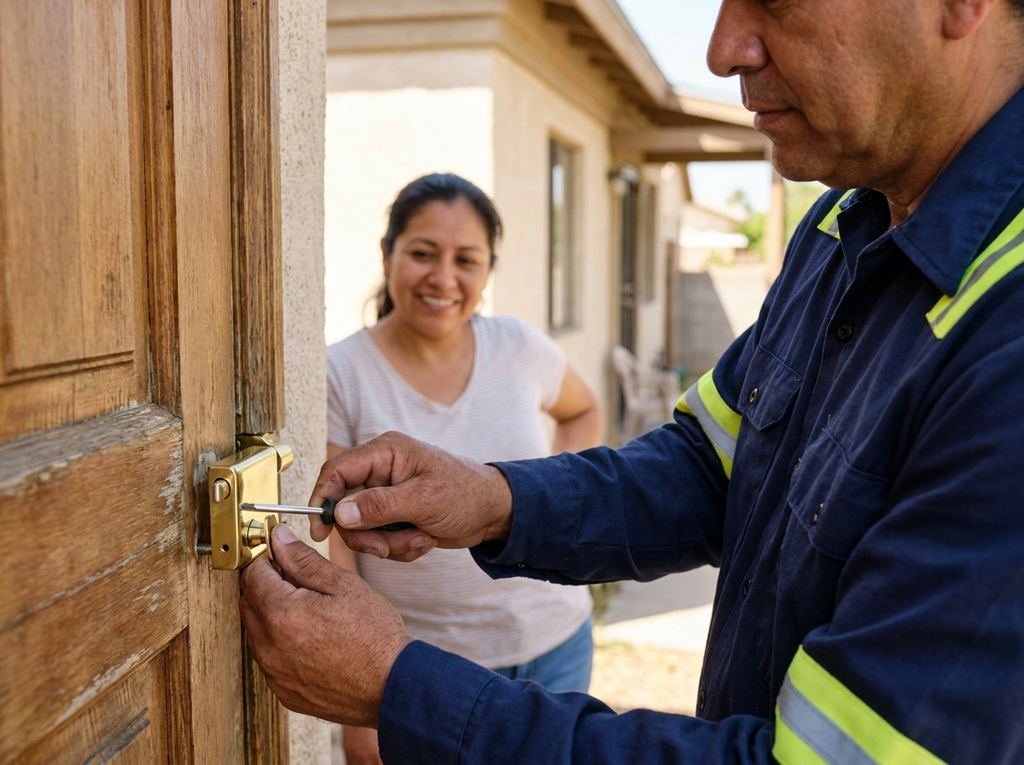 Cerrajero colocando una cerradura nueva en la puerta de entrada
