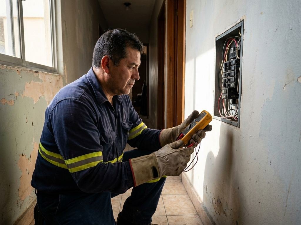 Electricista revisando un tablero eléctrico con un medidor