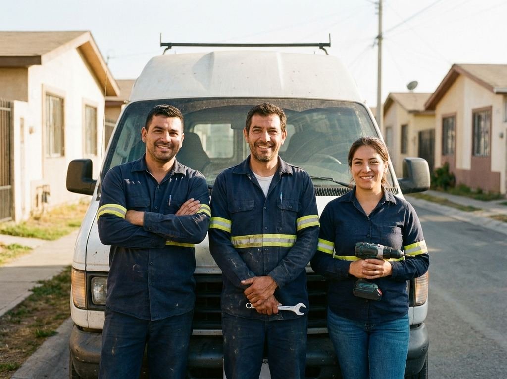 Los tres técnicos del equipo sonriendo frente a la camioneta